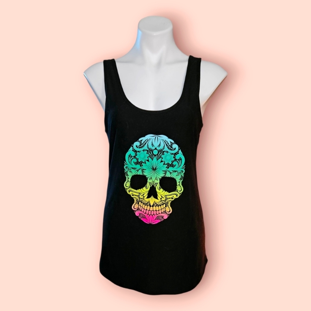 No Boundaries Black Tank Top with Colorful Skull Graphic